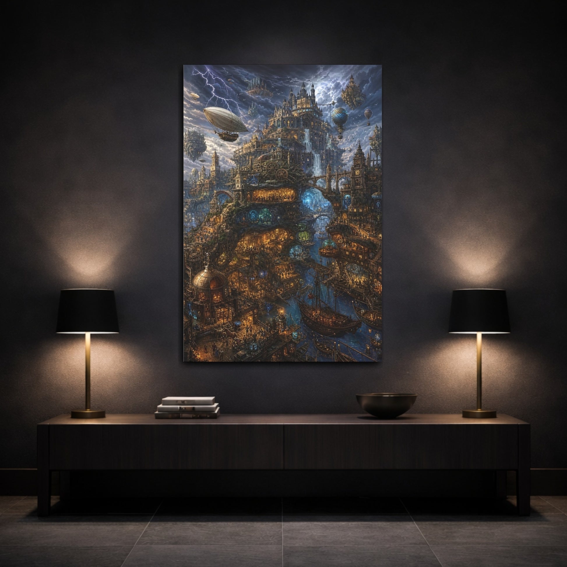 Mockup 3. Skyborne Steampunk City shown as canvas print