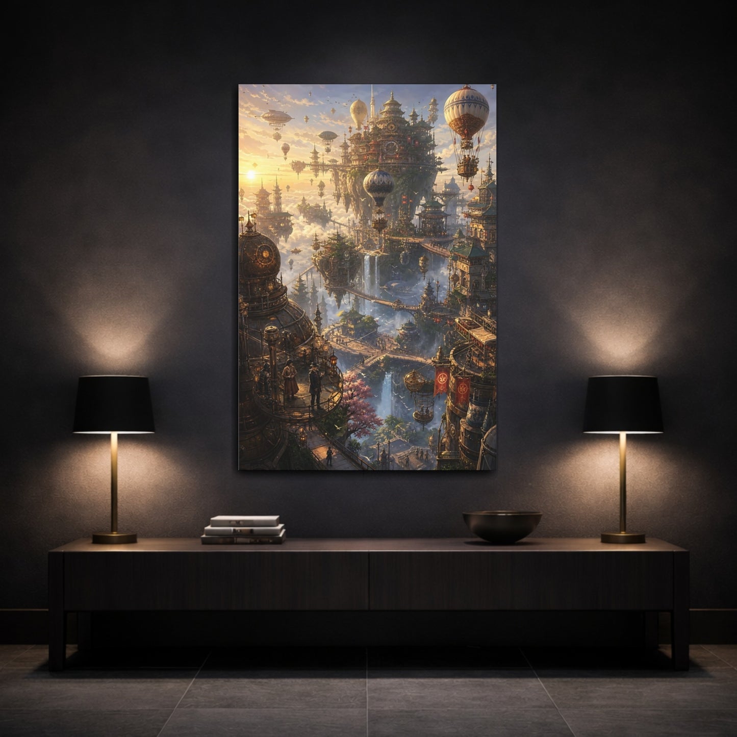 Mockup 3. Skyborne Steampunk City shown as canvas print