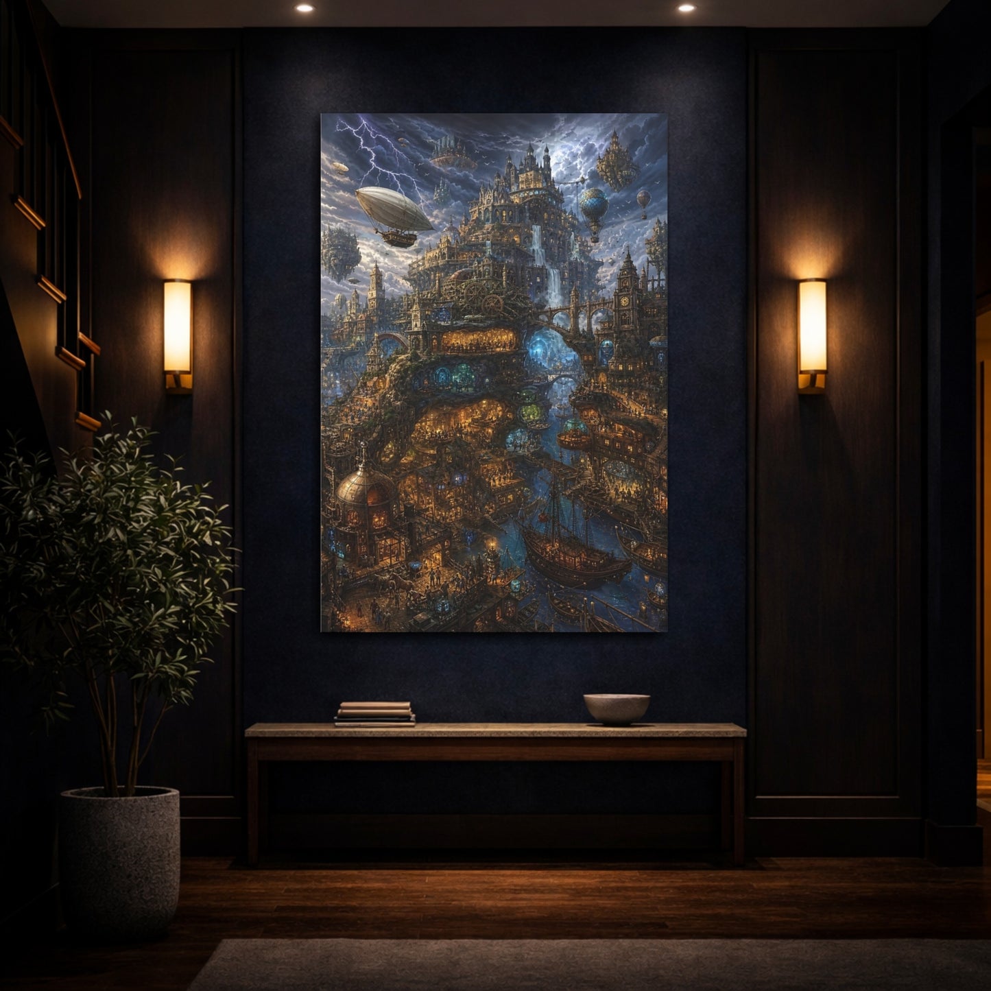 Mockup 4. Skyborne Steampunk City shown as canvas print
