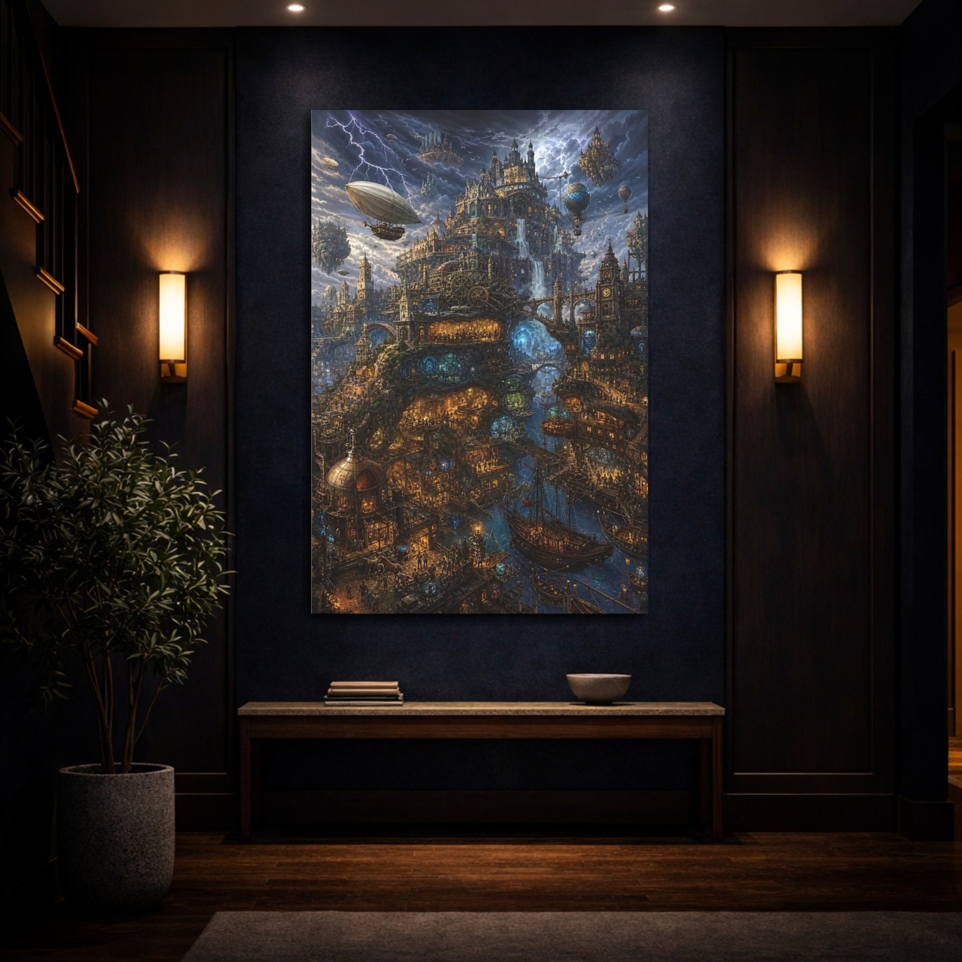 Mockup 4. Skyborne Steampunk City shown as canvas print