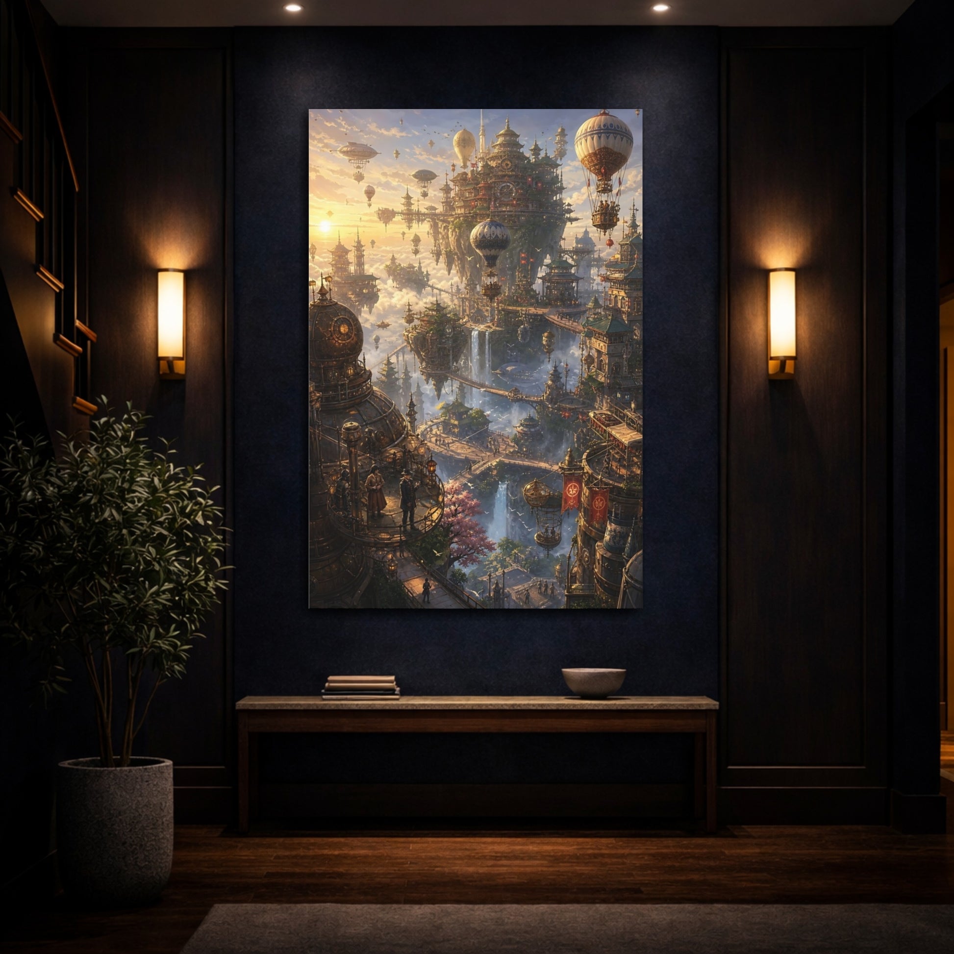 Mockup 4. Skyborne Steampunk City shown as canvas print