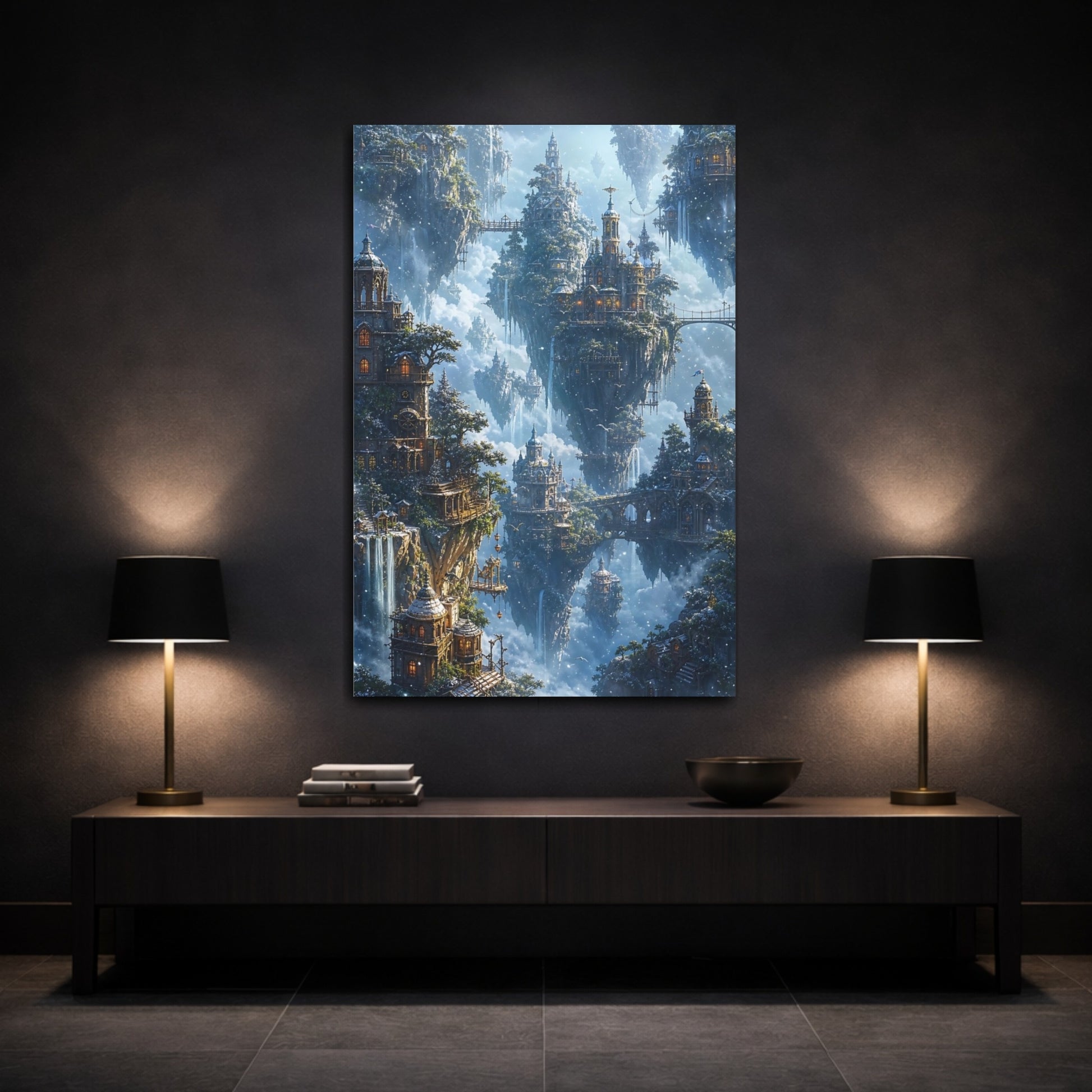 Mockup 3. Skybound Floating City shown as canvas print