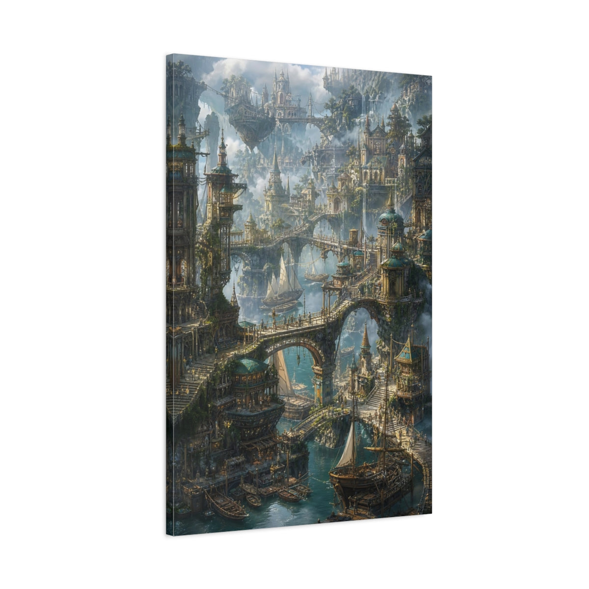 Main Mockup. Skybound Harbor City shown as canvas print