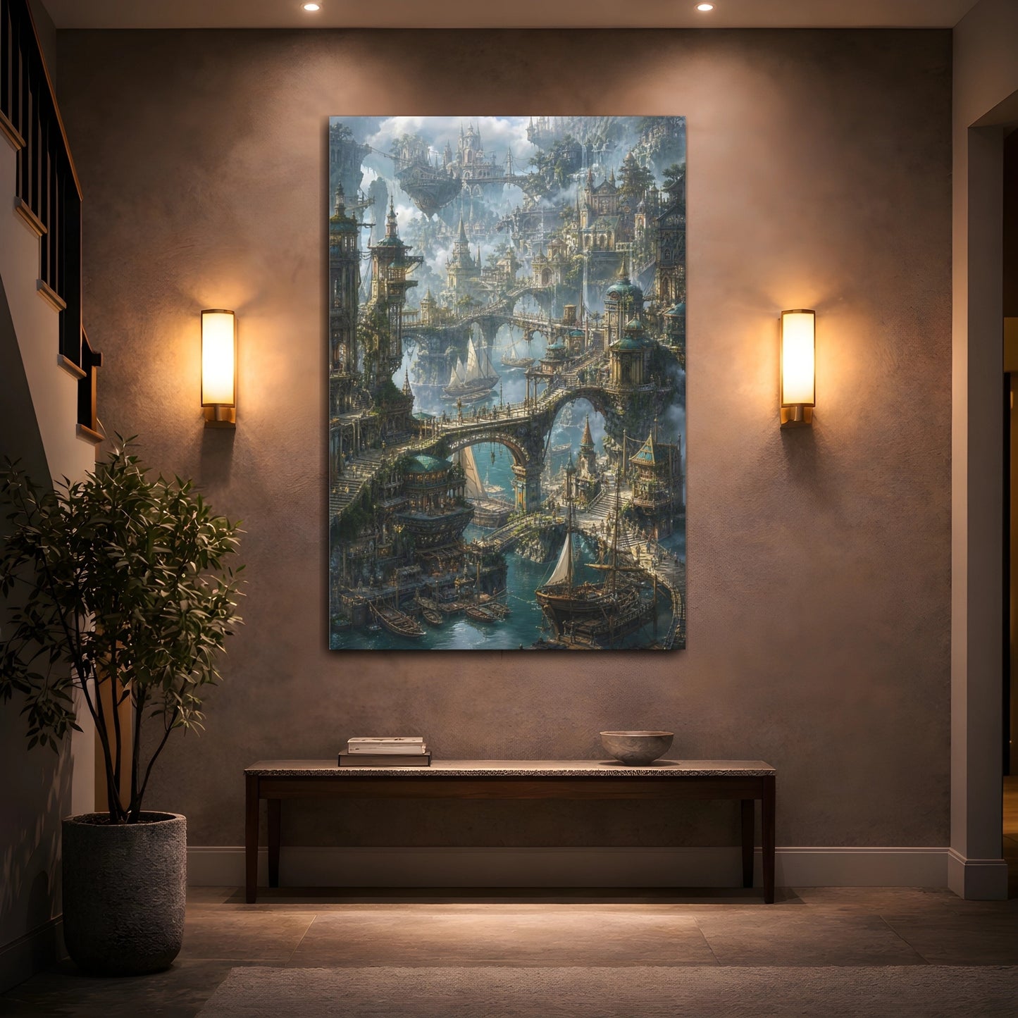 Mockup 2. Skybound Harbor City shown as canvas print
