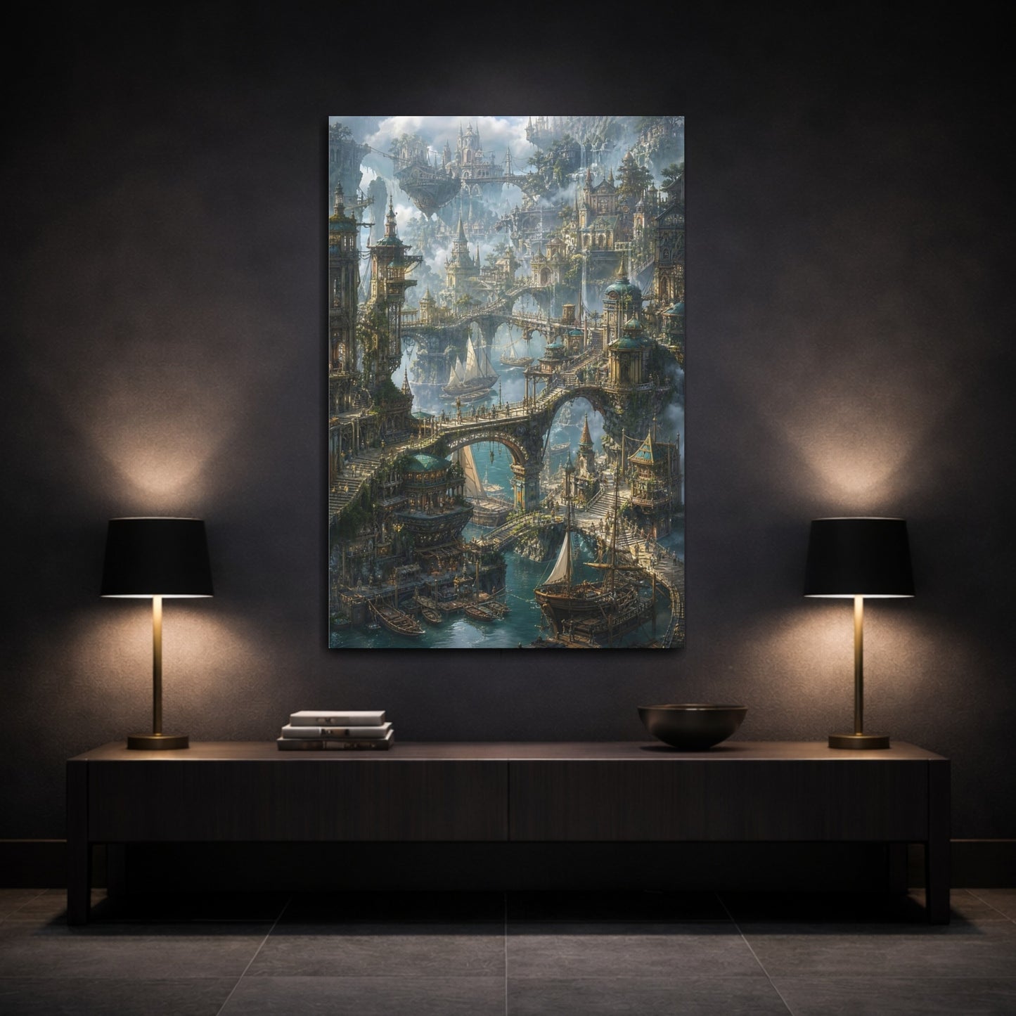 Mockup 3. Skybound Harbor City shown as canvas print
