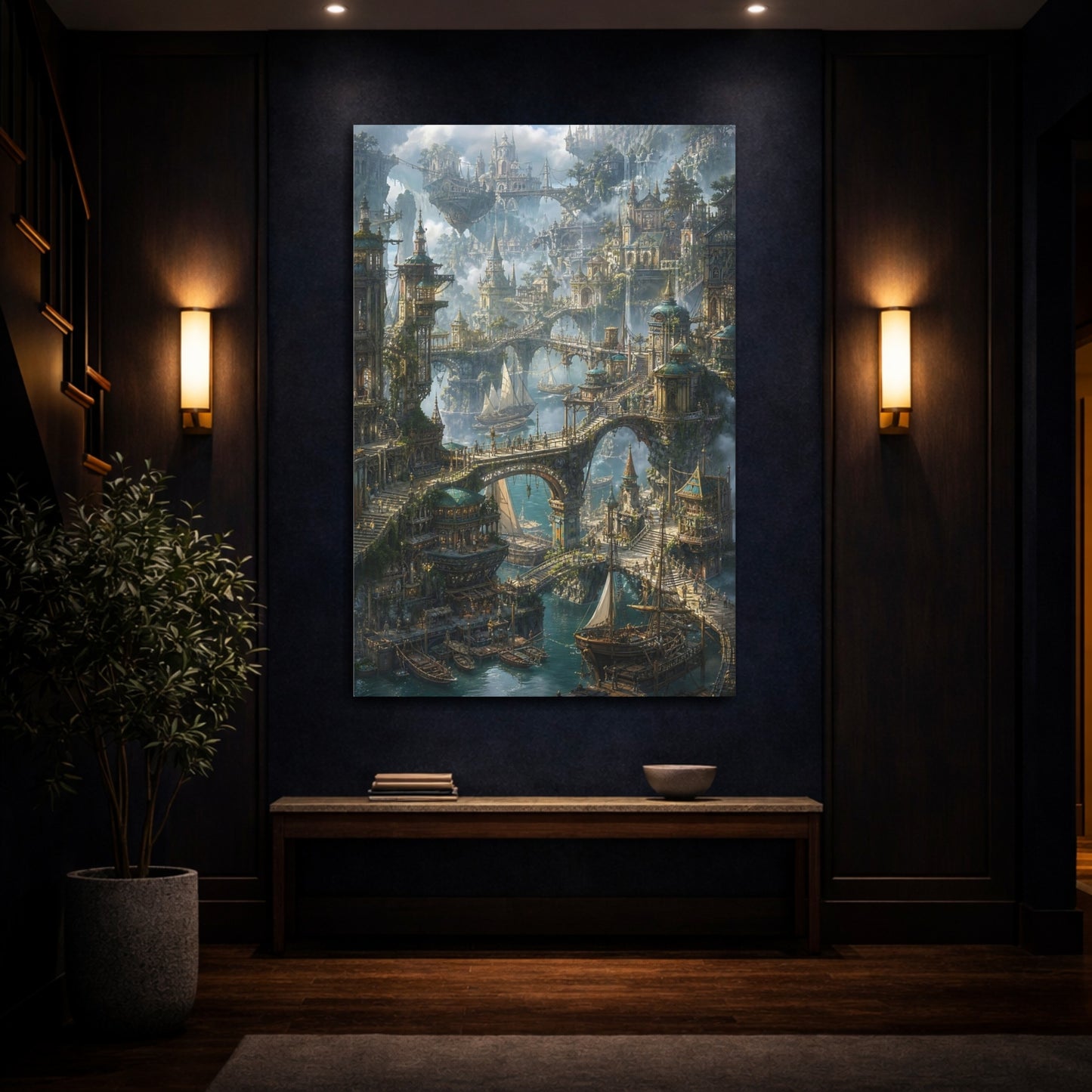 Mockup 4. Skybound Harbor City shown as canvas print