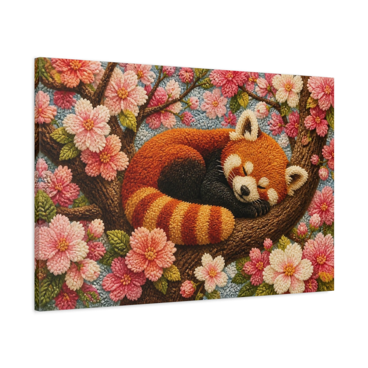 Main Mockup. Sleeping Red Panda Among Blossoms shown as canvas print