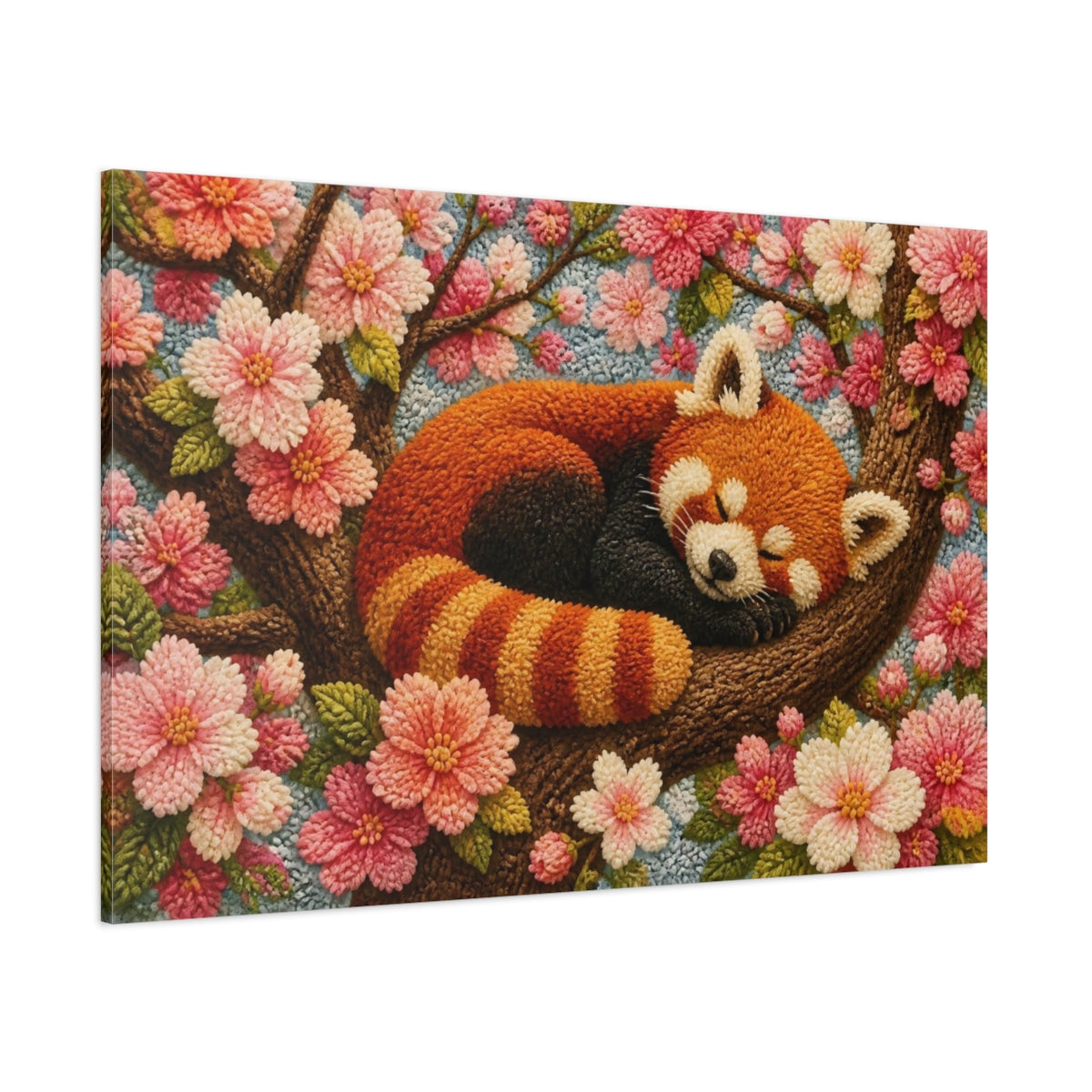 Side Mockup 1. Sleeping Red Panda Among Blossoms shown as canvas print