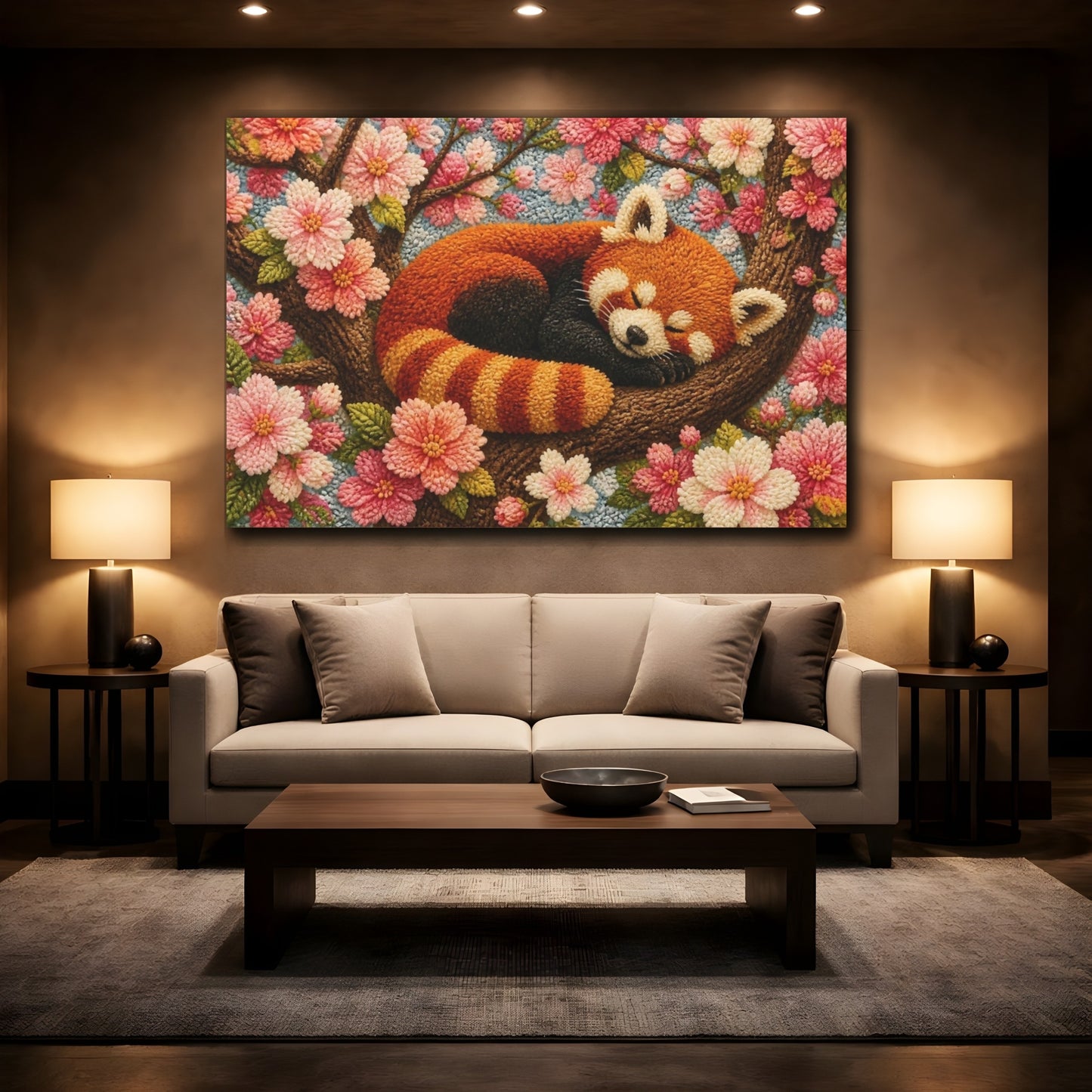 Mockup 2. Sleeping Red Panda Among Blossoms shown as canvas print