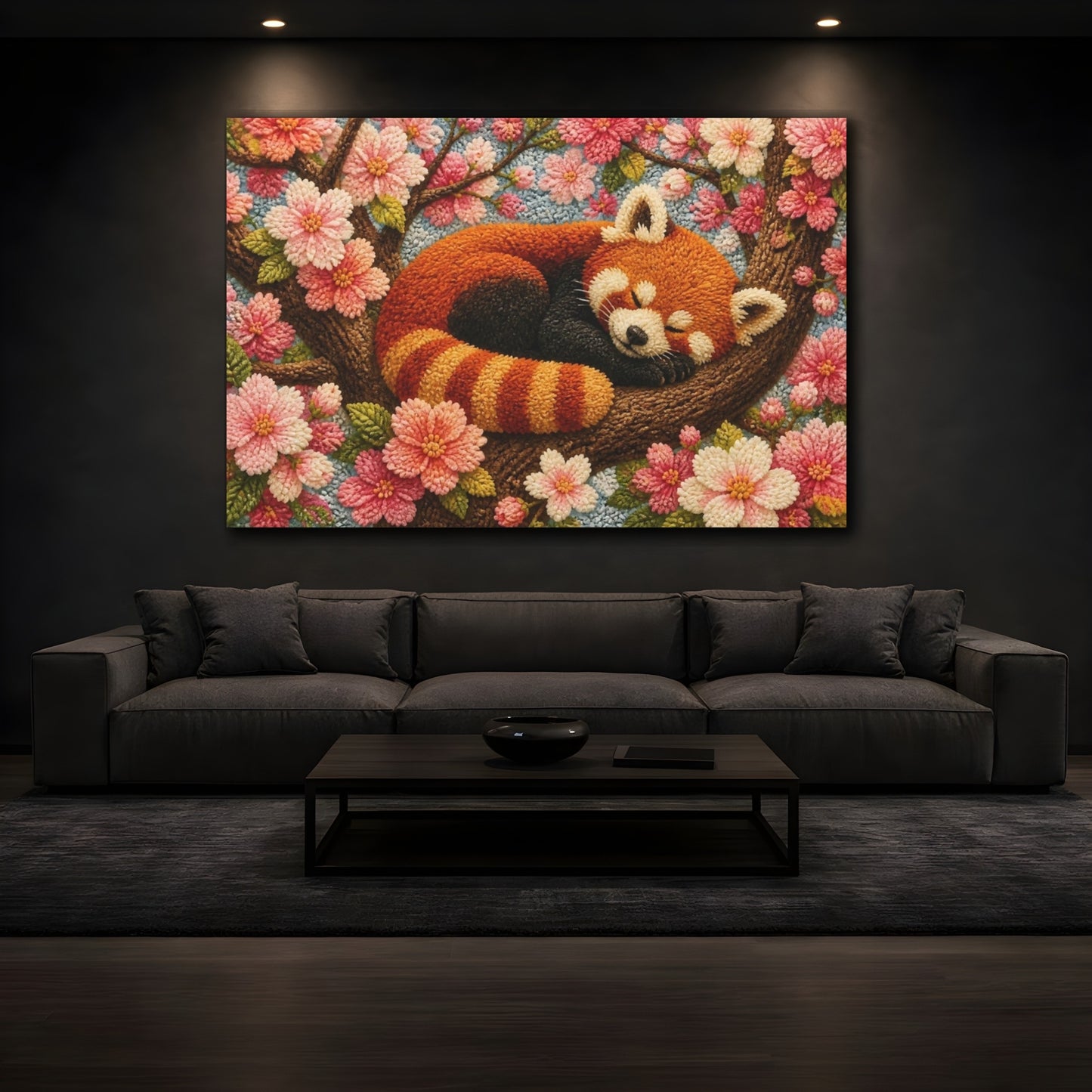 Mockup 3. Sleeping Red Panda Among Blossoms shown as canvas print