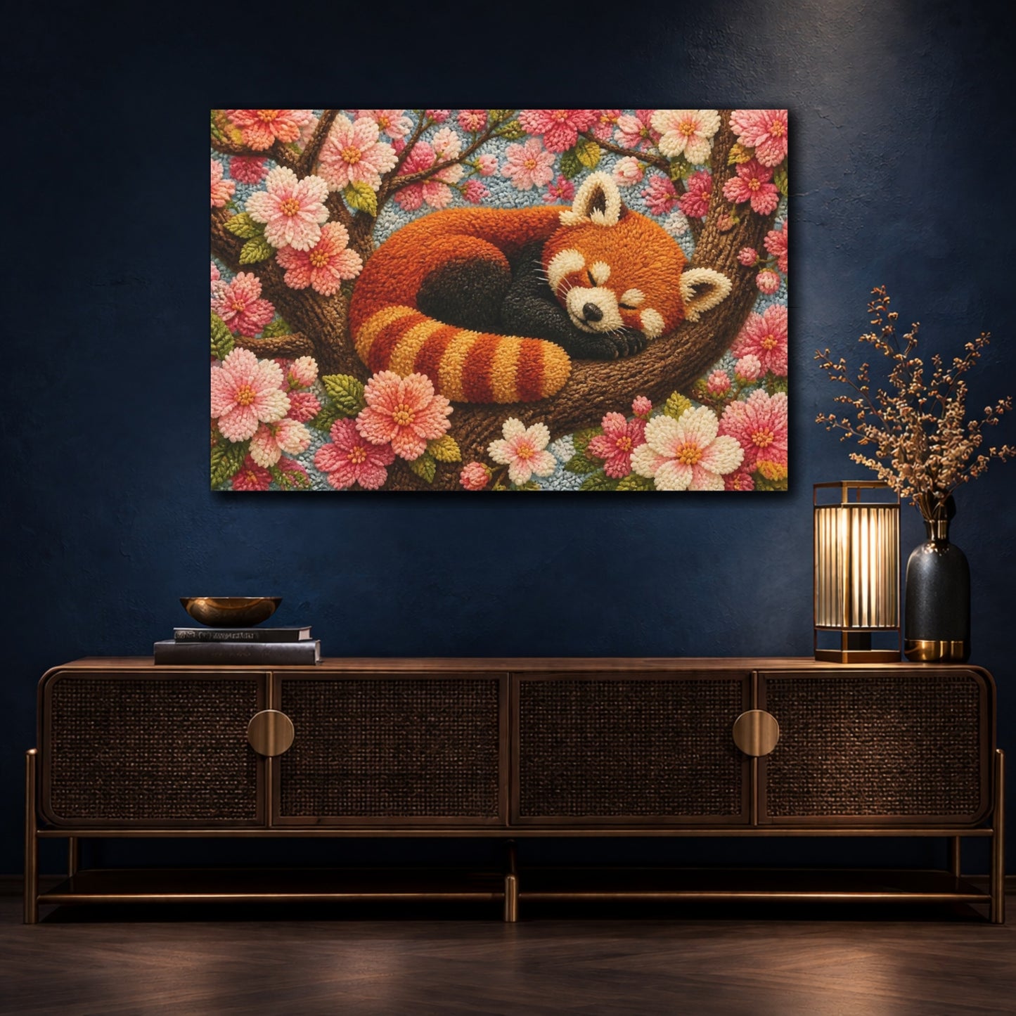 Mockup 4. Sleeping Red Panda Among Blossoms shown as canvas print