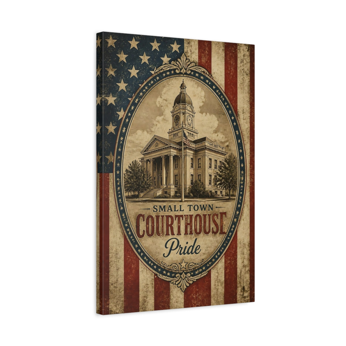Side Mockup 3. Small Town Courthouse Pride shown as canvas print