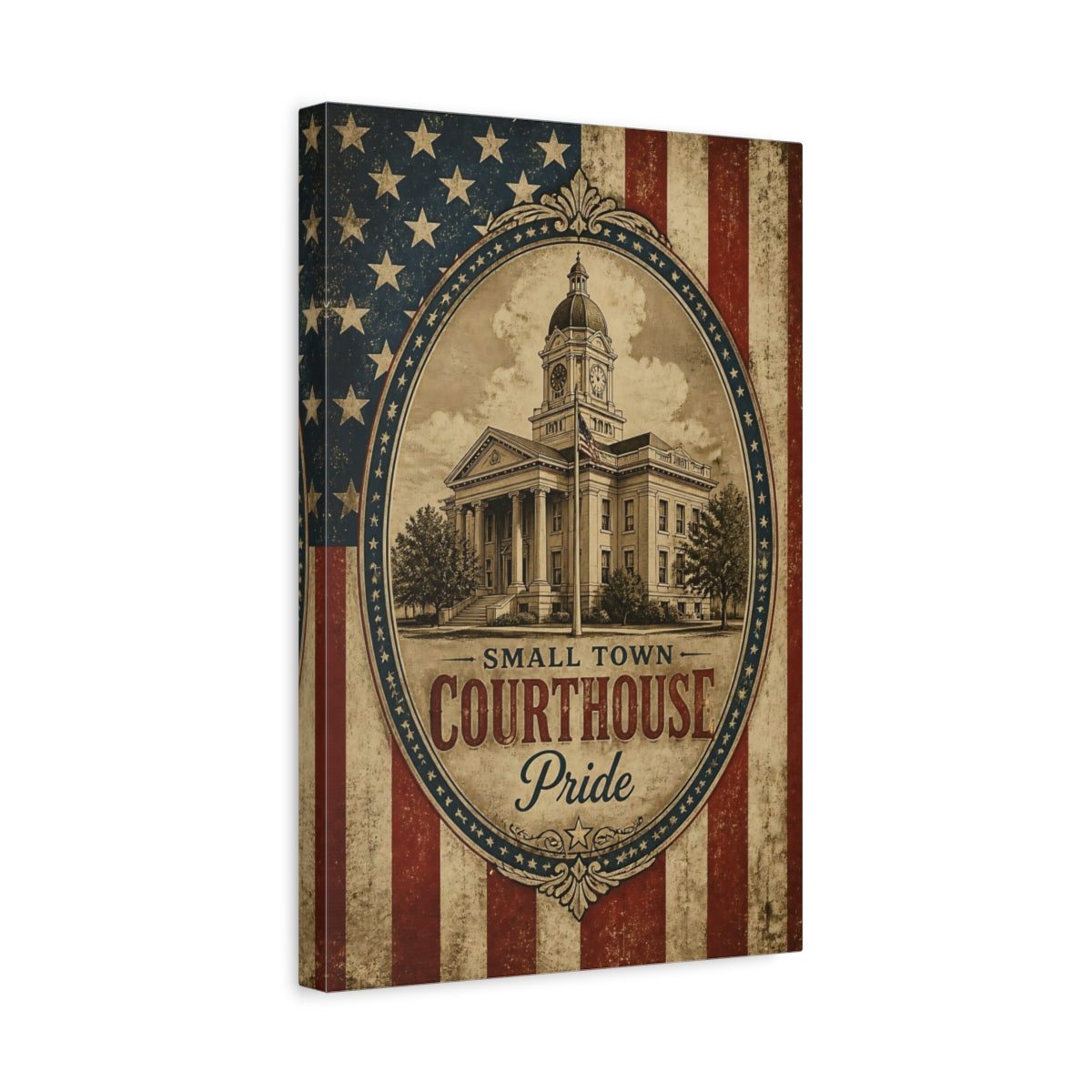 Side Mockup 4. Small Town Courthouse Pride shown as canvas print