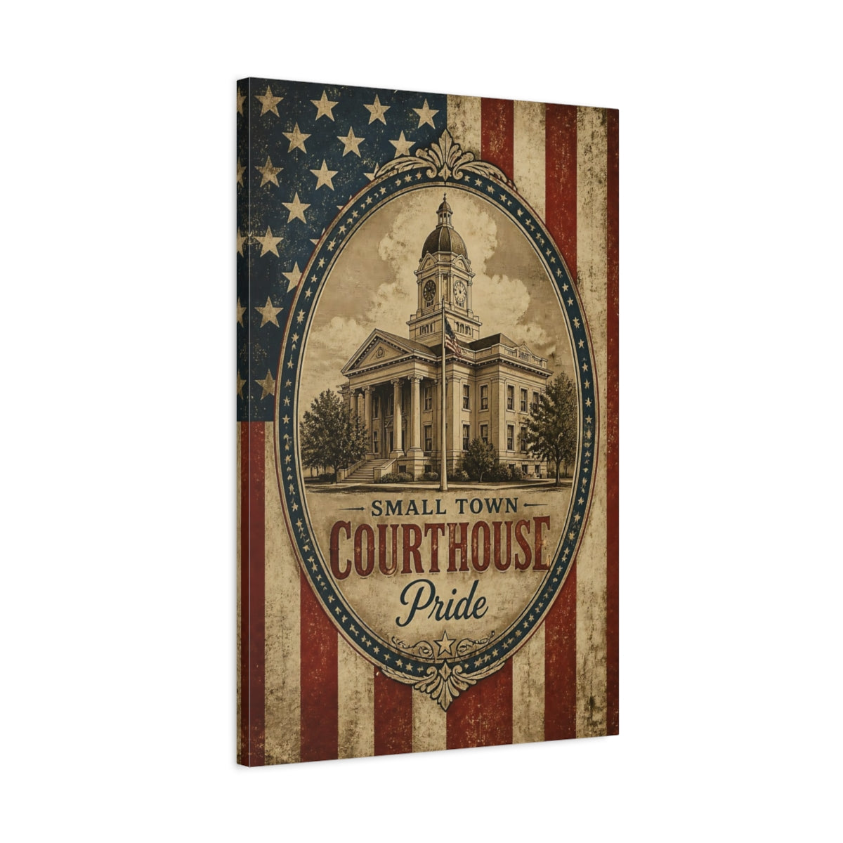 Side Mockup 2. Small Town Courthouse Pride shown as canvas print