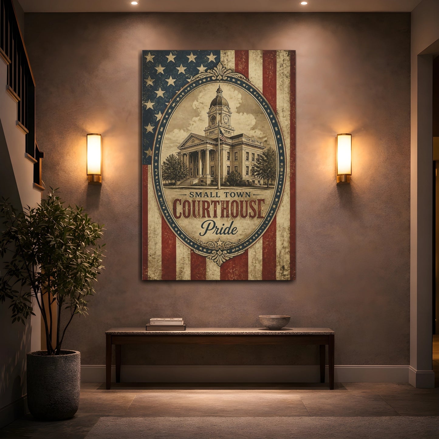Mockup 2. Small Town Courthouse Pride shown as canvas print