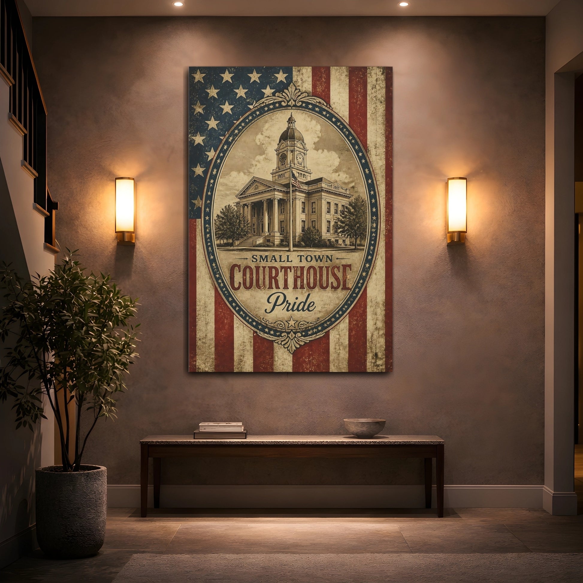 Mockup 2. Small Town Courthouse Pride shown as canvas print