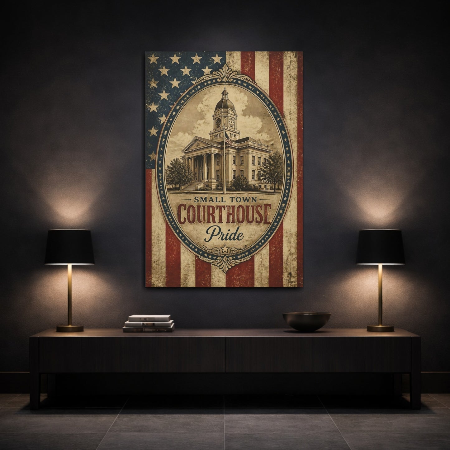 Mockup 3. Small Town Courthouse Pride shown as canvas print