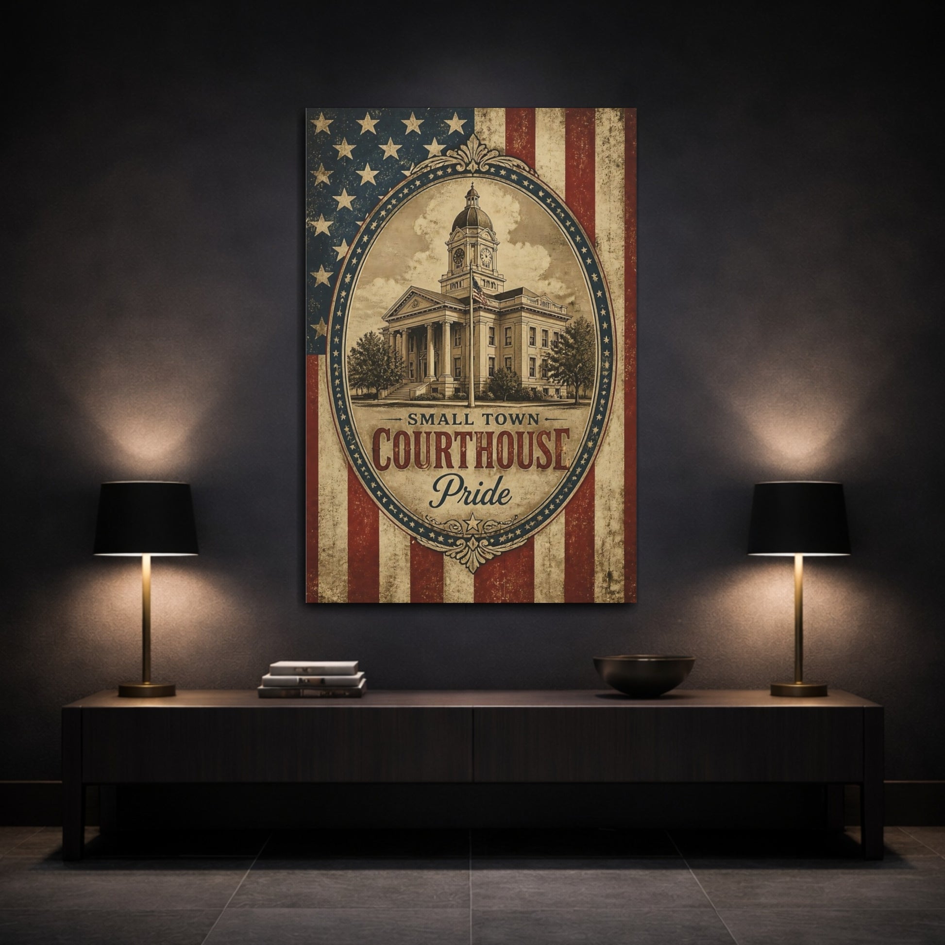 Mockup 3. Small Town Courthouse Pride shown as canvas print
