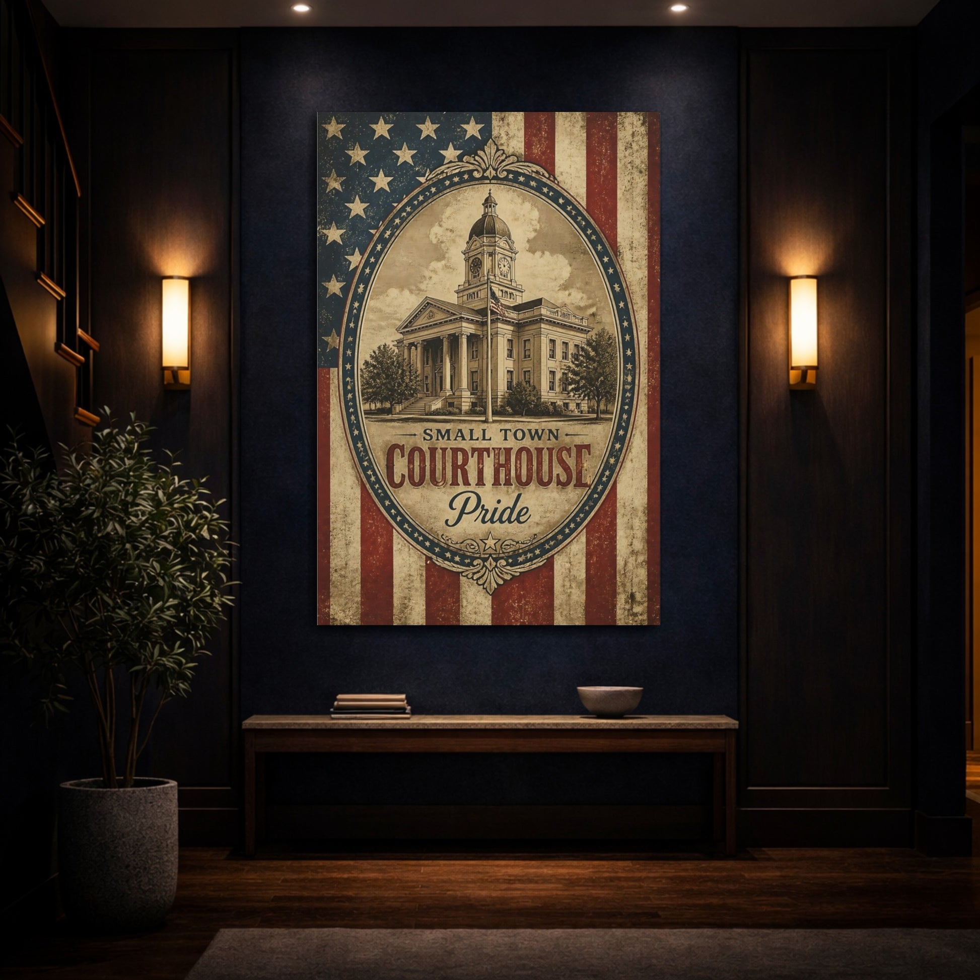 Mockup 4. Small Town Courthouse Pride shown as canvas print