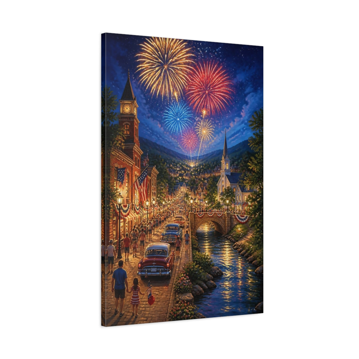 Main Mockup. Small Town Fireworks Night shown as canvas print