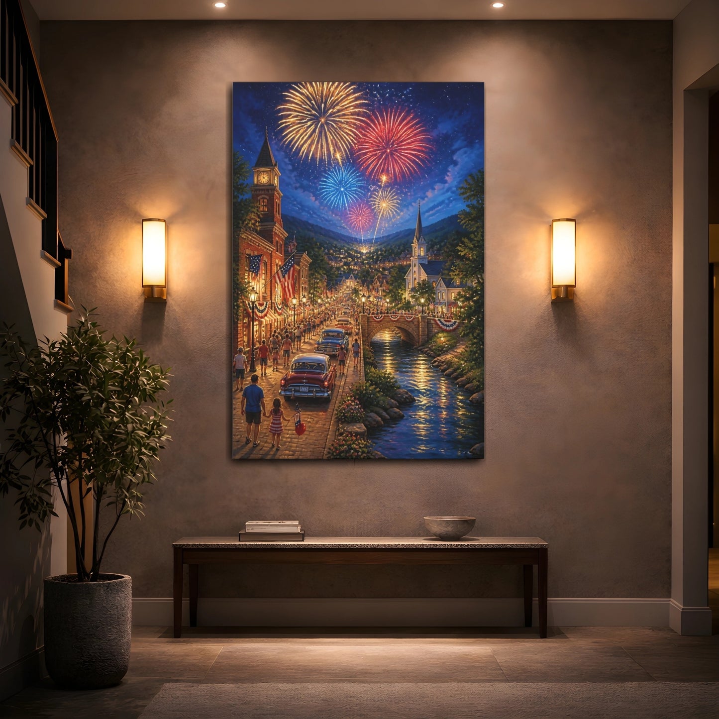 Mockup 2. Small Town Fireworks Night shown as canvas print
