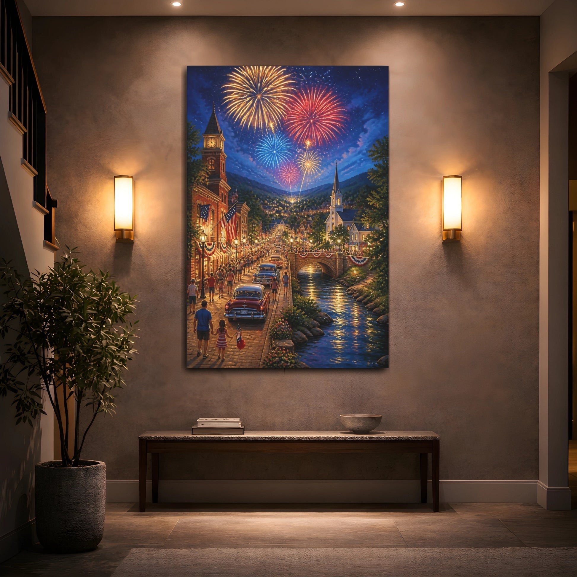 Mockup 2. Small Town Fireworks Night shown as canvas print
