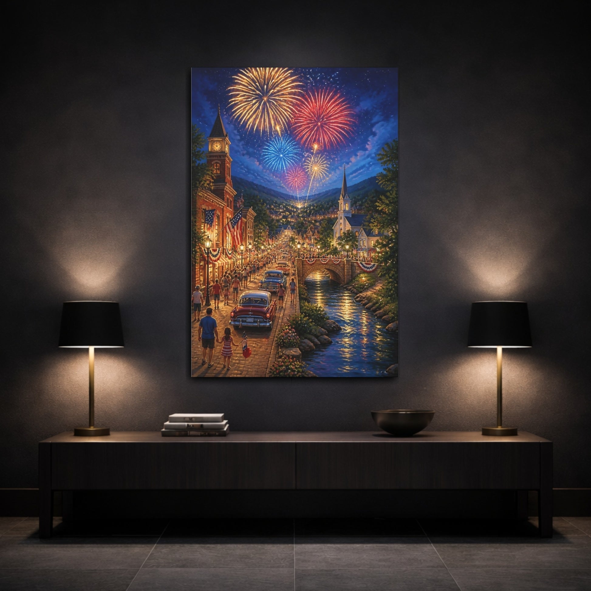 Mockup 3. Small Town Fireworks Night shown as canvas print