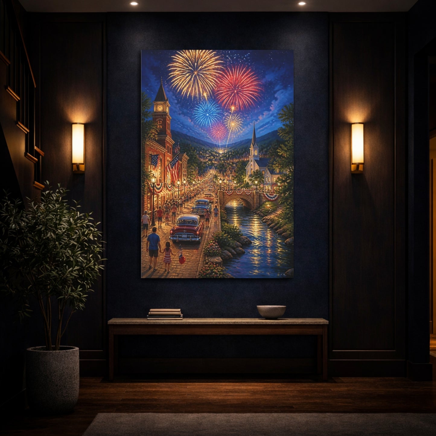 Mockup 4. Small Town Fireworks Night shown as canvas print