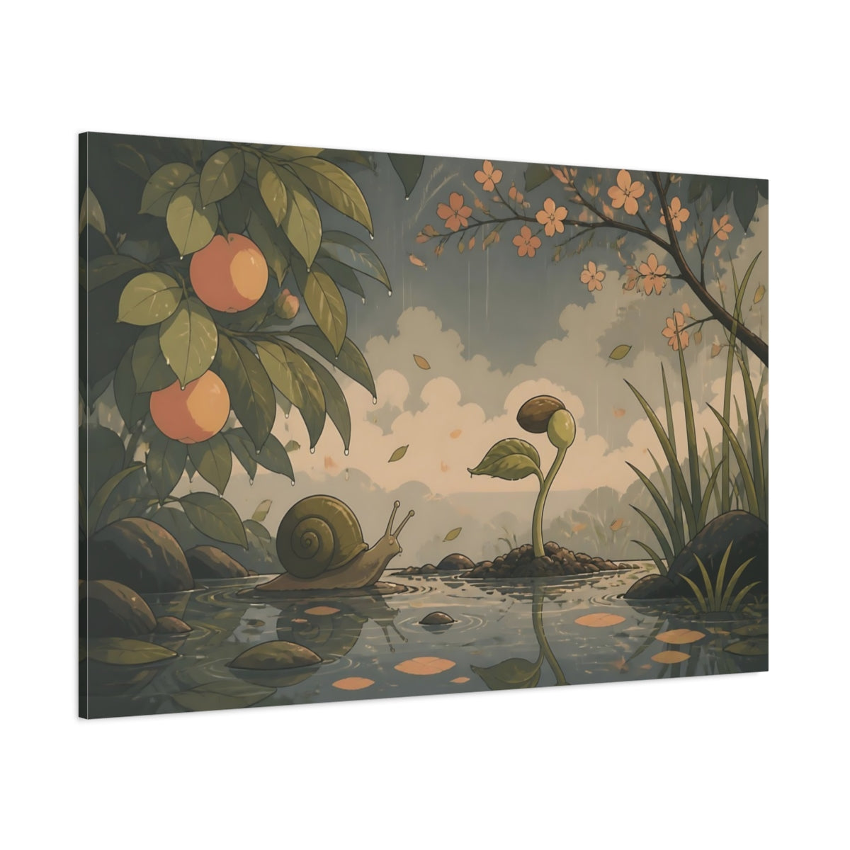 Side Mockup 1. Snail And Seedling shown as canvas print