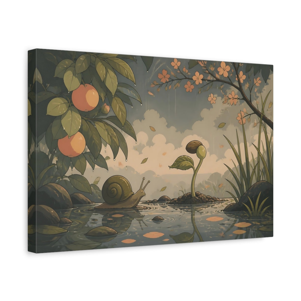 Side Mockup 4. Snail And Seedling shown as canvas print