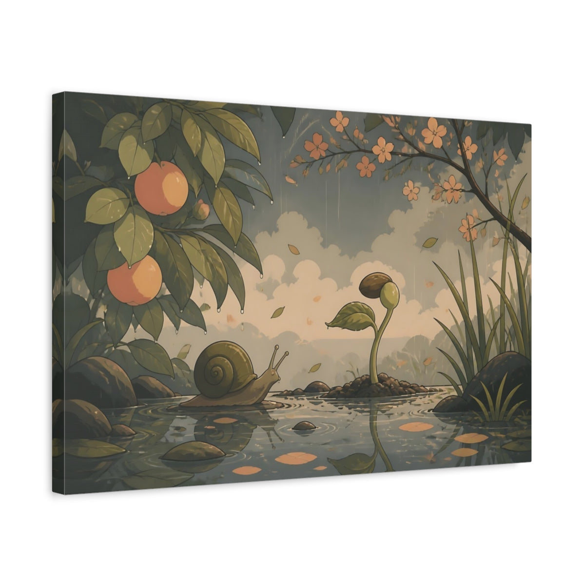Side Mockup 3. Snail And Seedling shown as canvas print