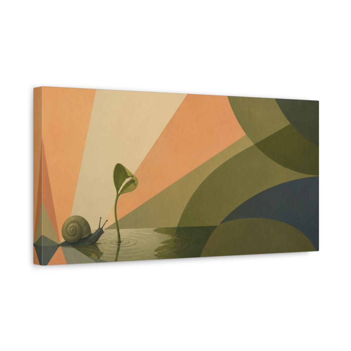 Side Mockup 3. Snail And Seedling Sunburst shown as canvas print