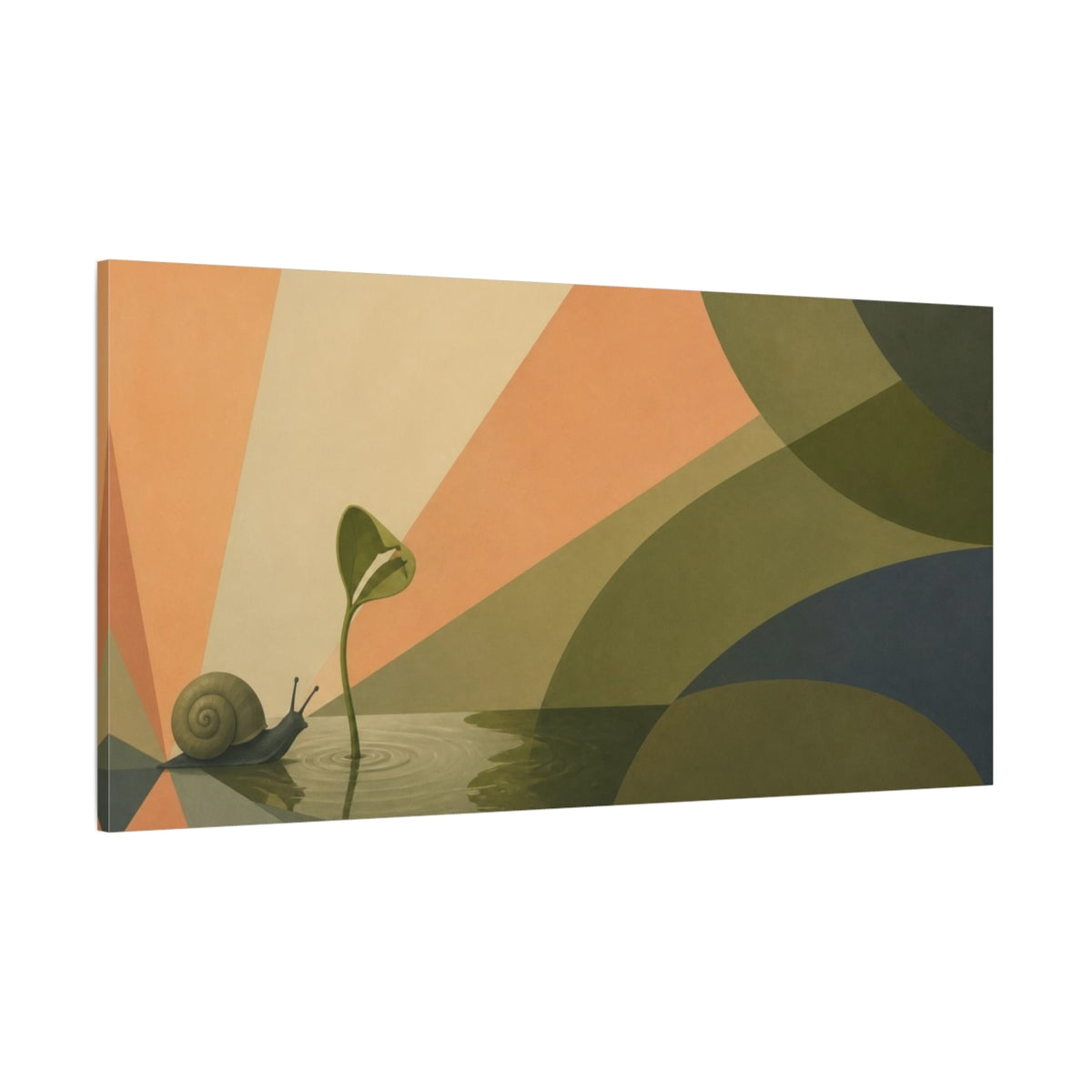 Side Mockup 2. Snail And Seedling Sunburst shown as canvas print