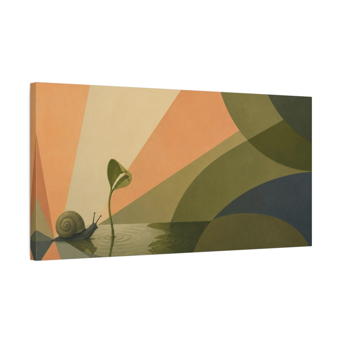 Side Mockup 1. Snail And Seedling Sunburst shown as canvas print