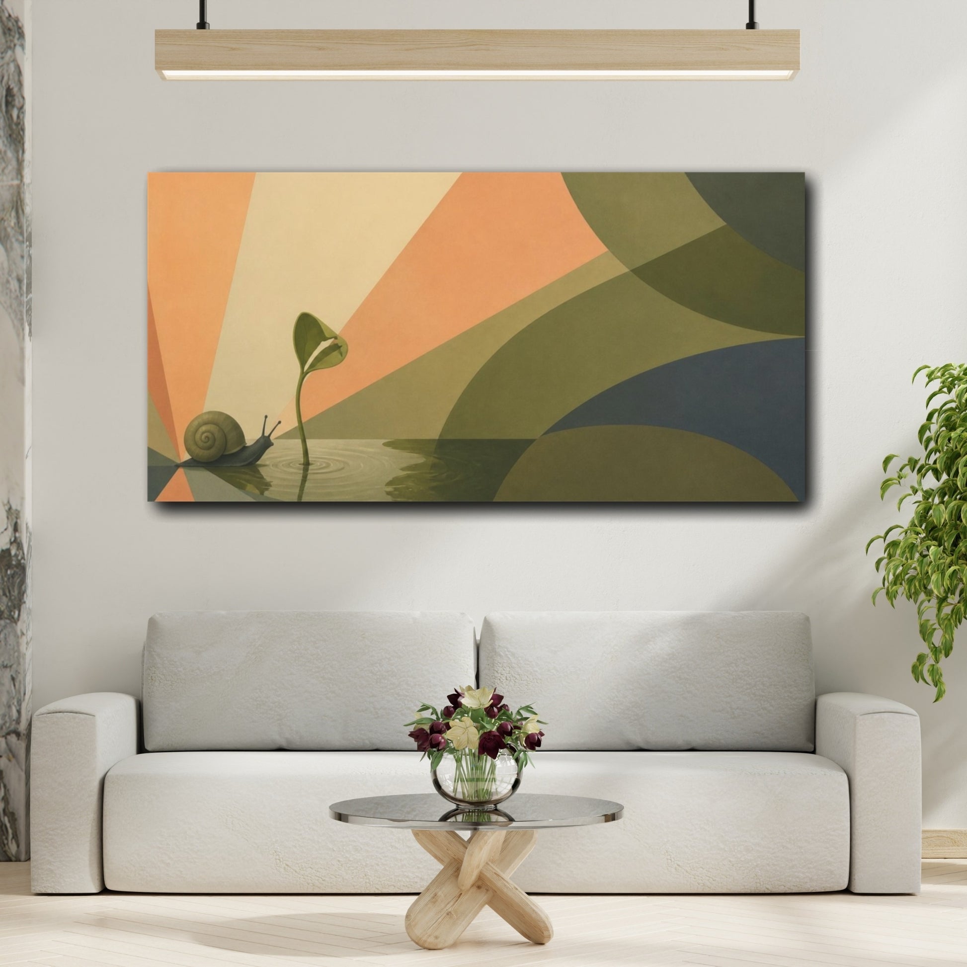 Mockup 2. Snail And Seedling Sunburst shown as canvas print