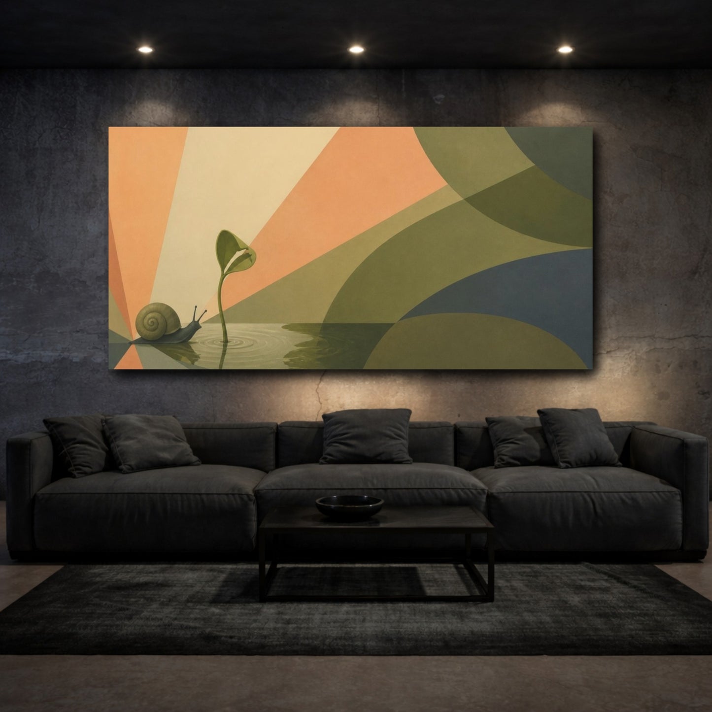Mockup 3. Snail And Seedling Sunburst shown as canvas print