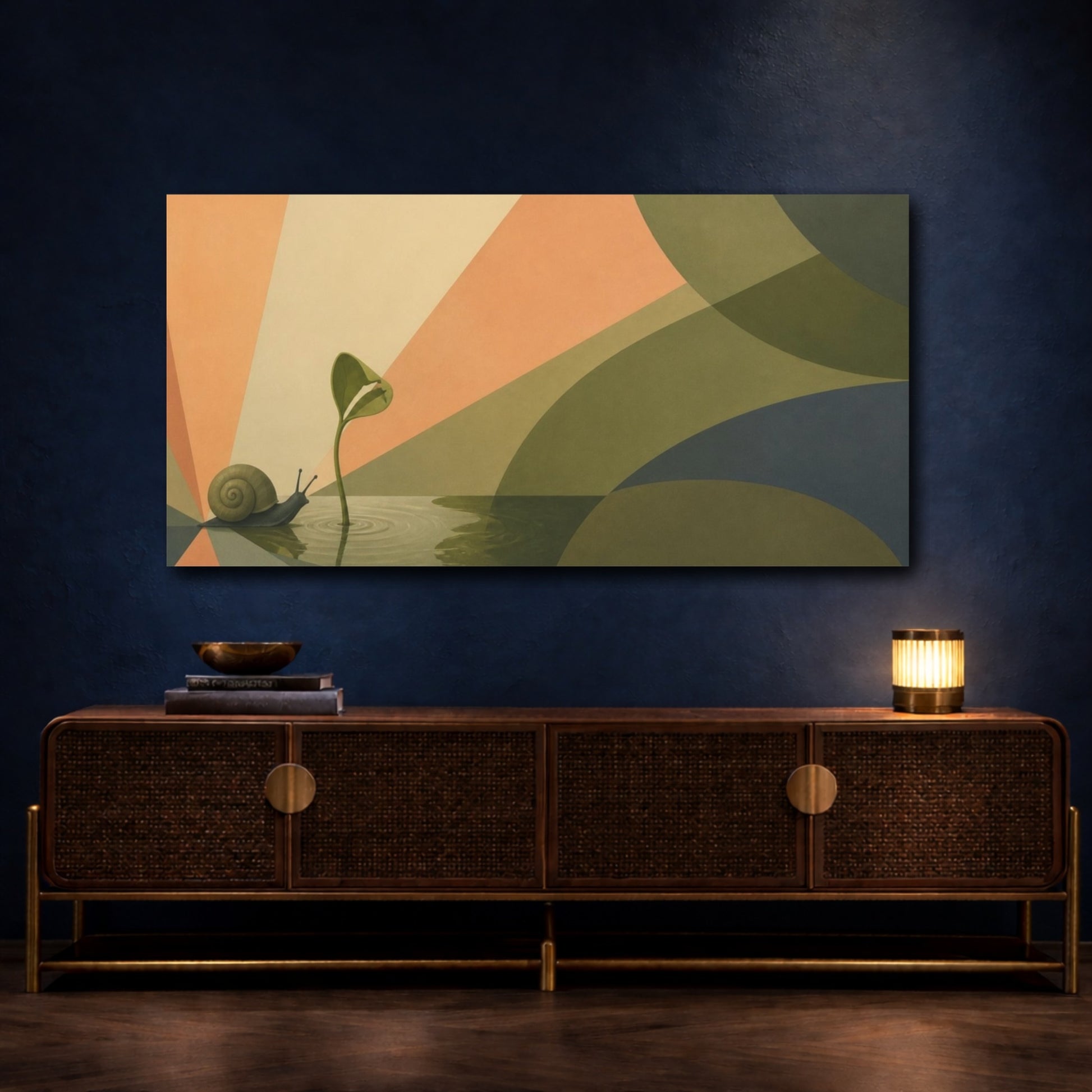 Mockup 4. Snail And Seedling Sunburst shown as canvas print