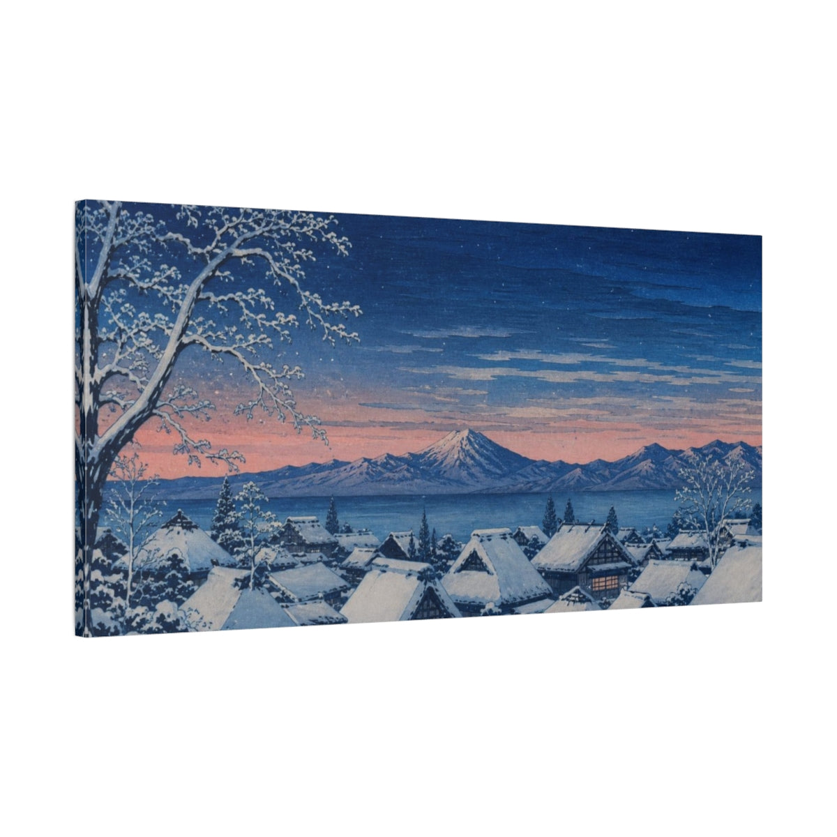 Main Mockup. Snow-Covered Village At Dusk shown as canvas print