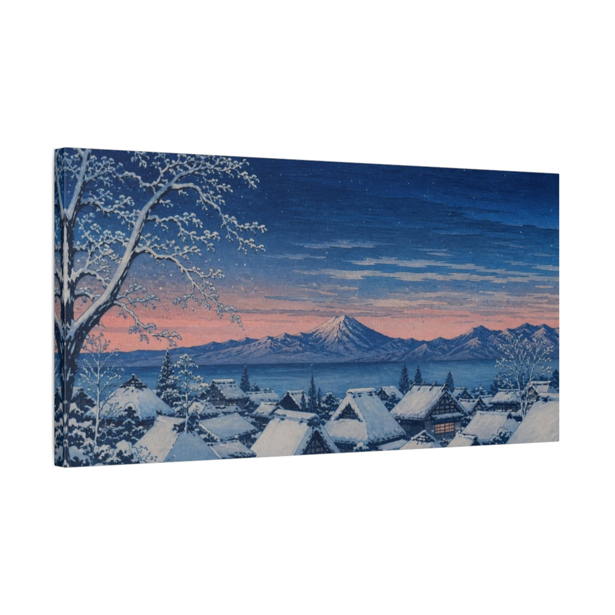 Side Mockup 1. Snow-Covered Village At Dusk shown as canvas print