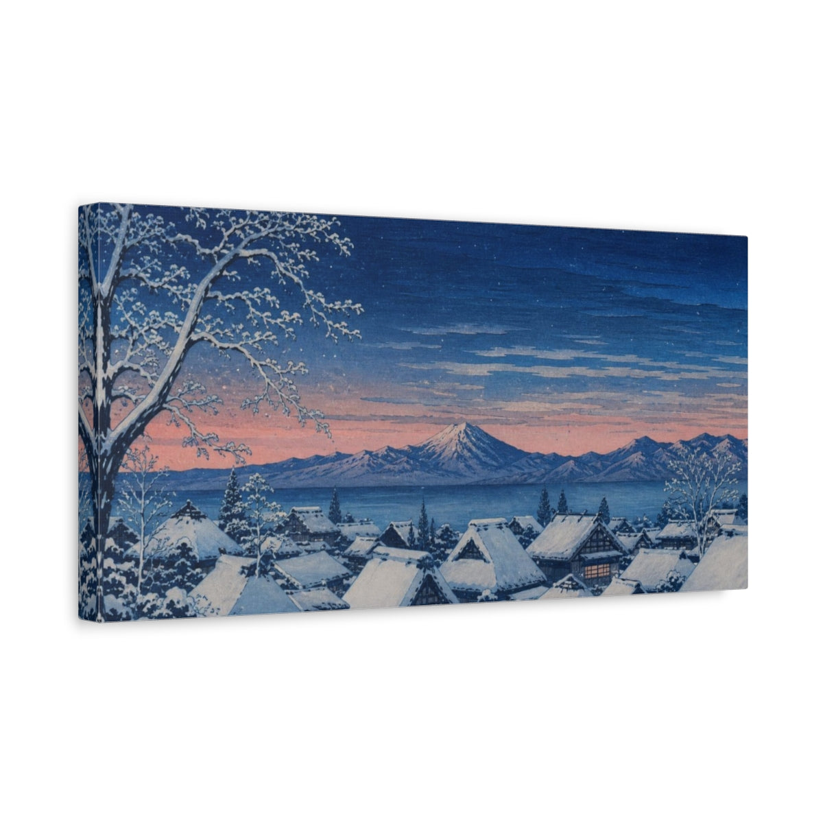 Side Mockup 3. Snow-Covered Village At Dusk shown as canvas print