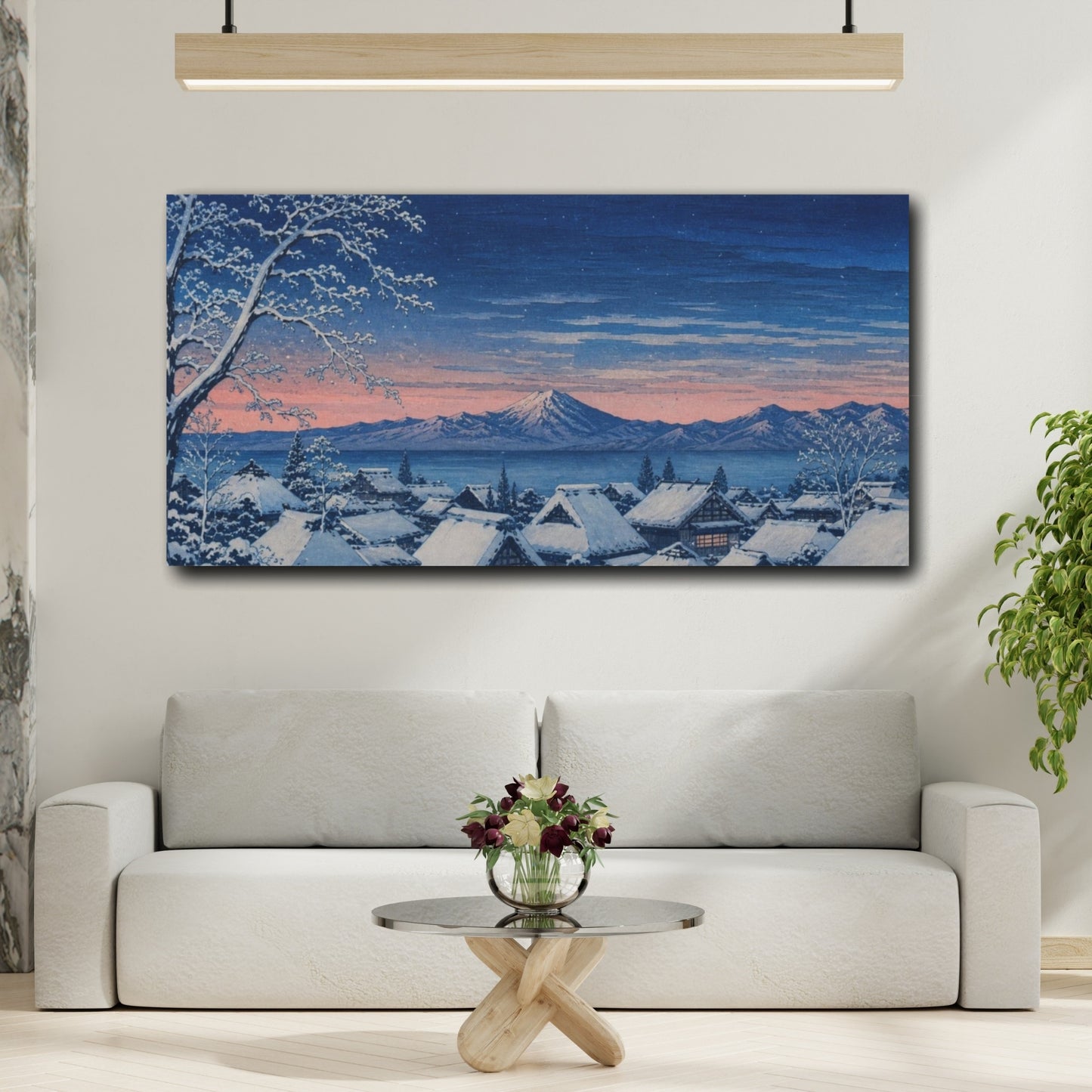 Mockup 2. Snow-Covered Village At Dusk shown as canvas print