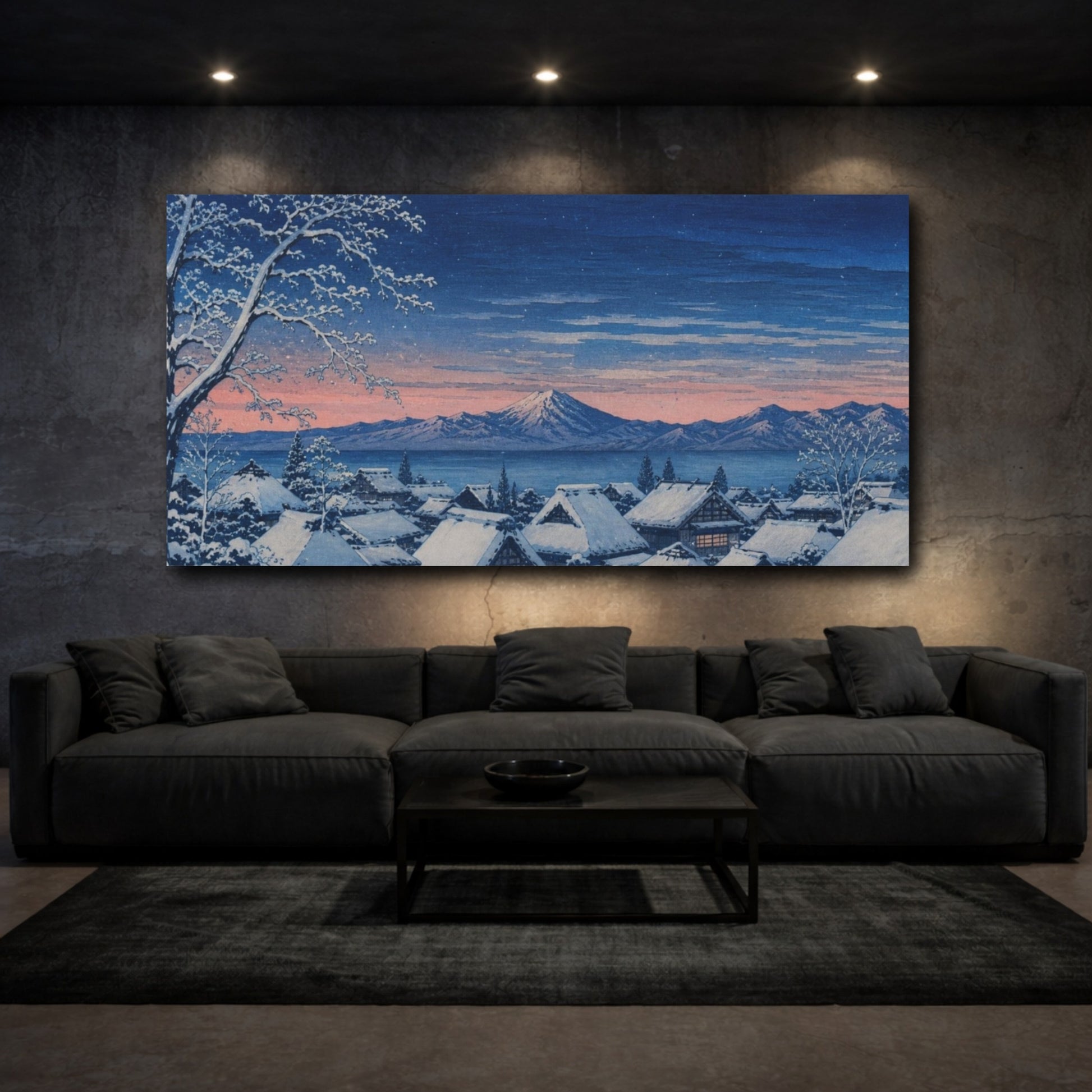 Mockup 3. Snow-Covered Village At Dusk shown as canvas print