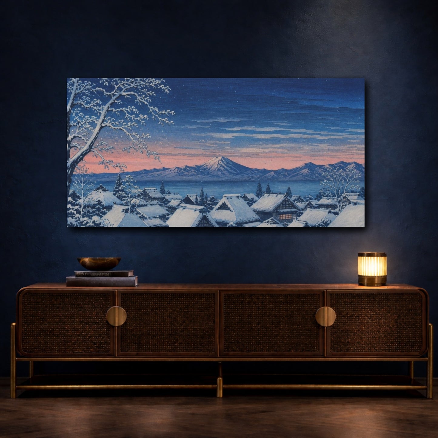 Mockup 4. Snow-Covered Village At Dusk shown as canvas print
