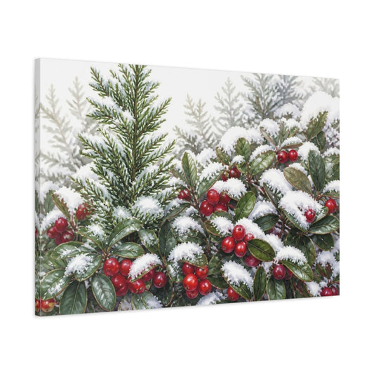 Main Mockup. Snow-Dusted Winter Berries shown as canvas print