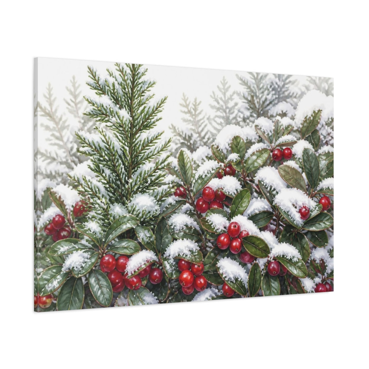 Side Mockup 1. Snow-Dusted Winter Berries shown as canvas print