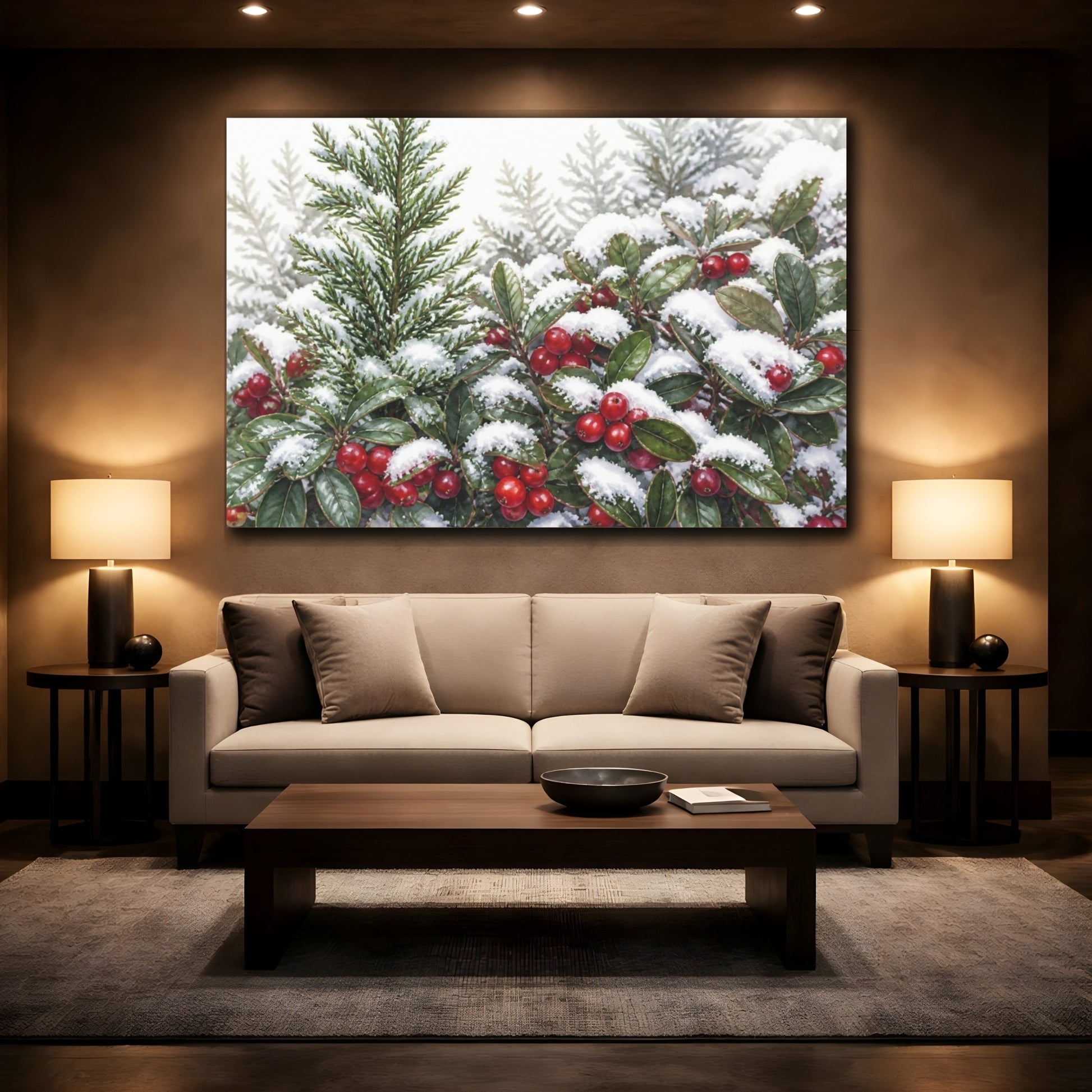 Mockup 2. Snow-Dusted Winter Berries shown as canvas print