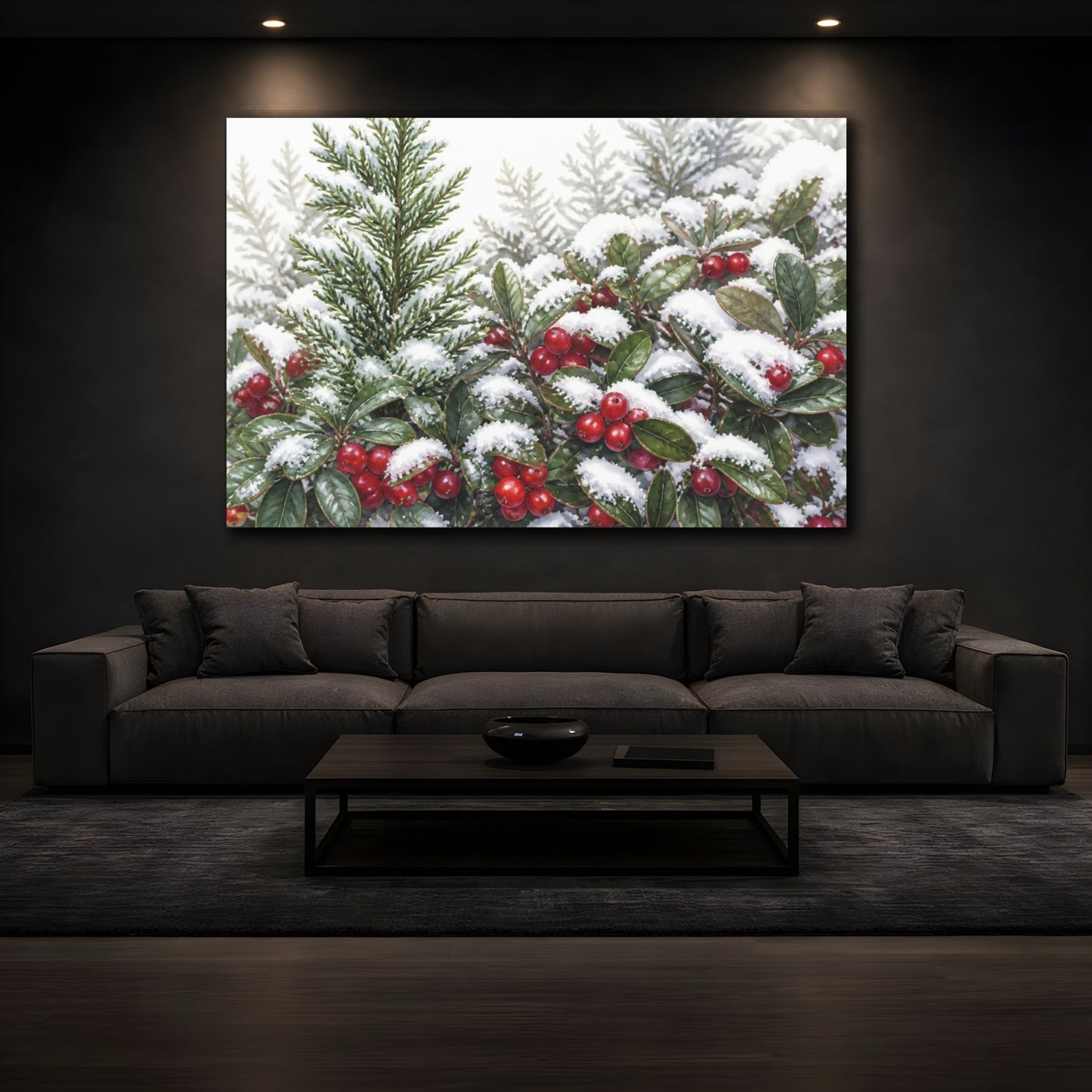 Mockup 3. Snow-Dusted Winter Berries shown as canvas print