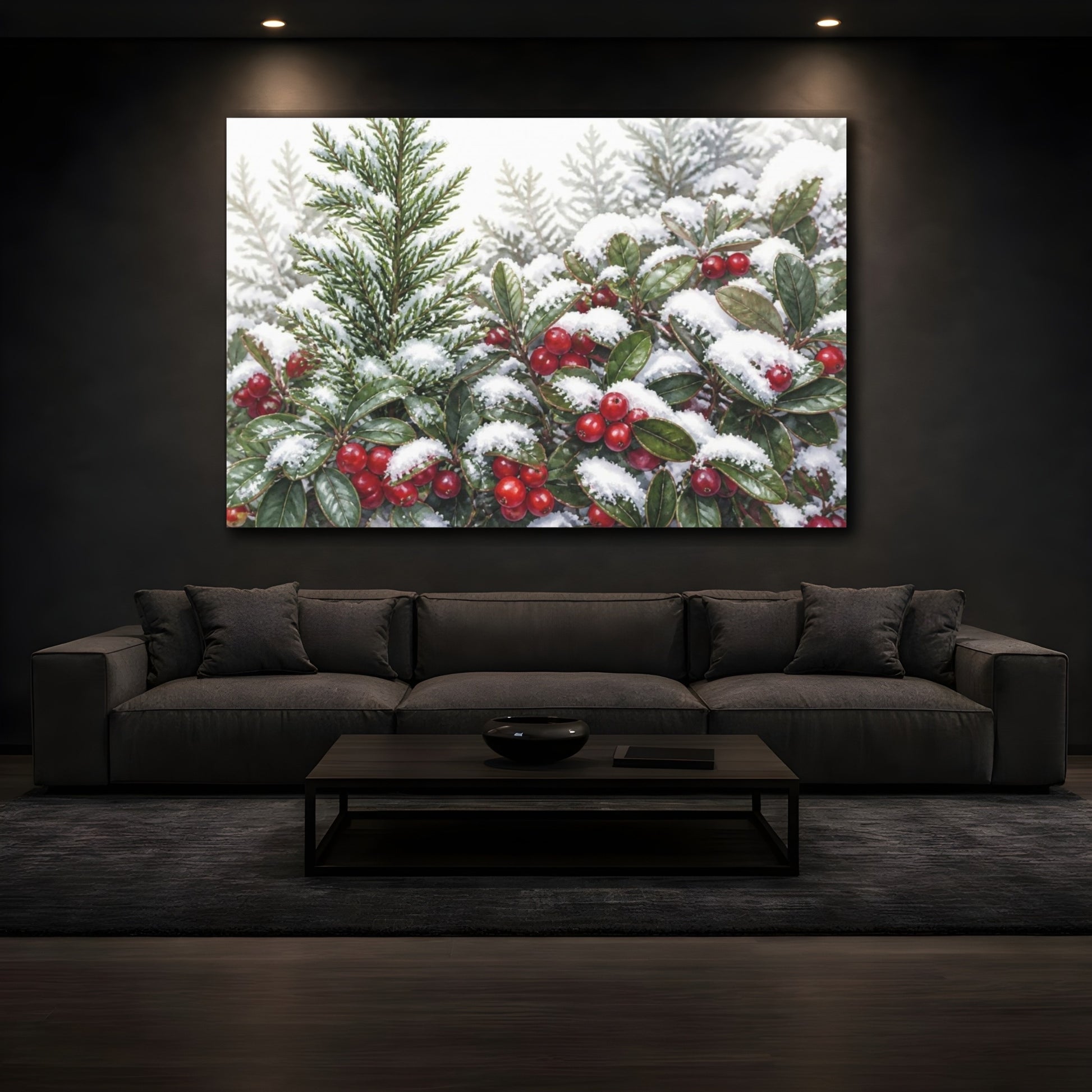 Mockup 3. Snow-Dusted Winter Berries shown as canvas print