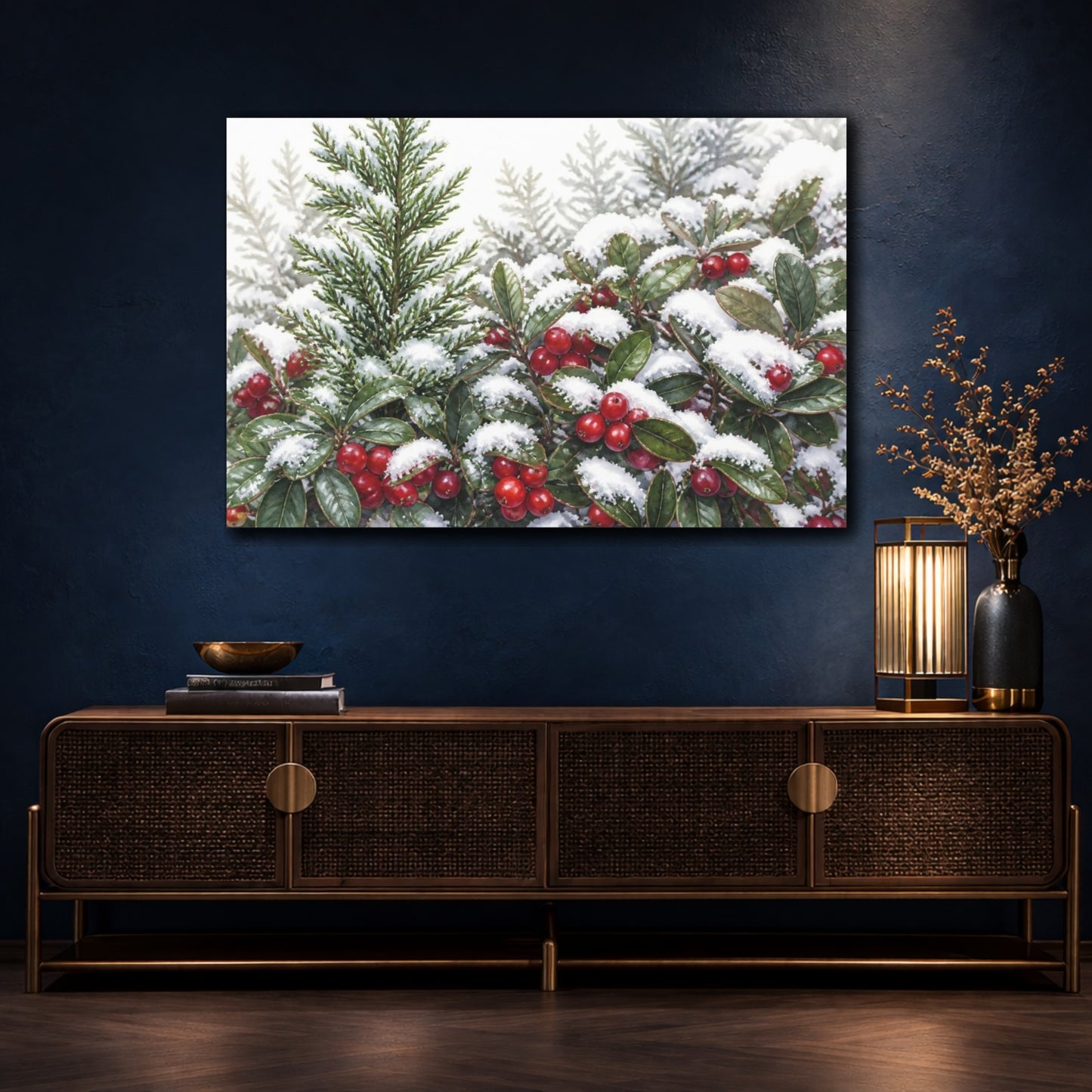 Mockup 4. Snow-Dusted Winter Berries shown as canvas print