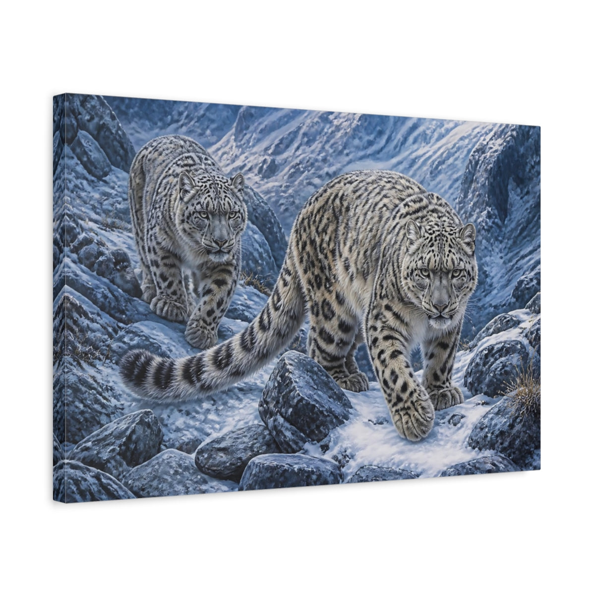 Side Mockup 3. Snow Leopard Animals Duo shown as canvas print